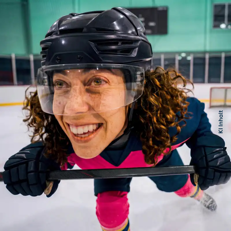 Eine junge Eishockeyspielerin hält ihren Schläger in der Hand und bewegt sich nach vorne. Eine junge Eishockeyspielerin hält ihren Schläger in der Hand und bewegt sich nach vorne.