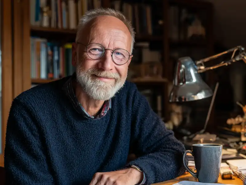 Das Bild zeigt einen älteren Herren mit Brille, der am Schreibtisch sitzt