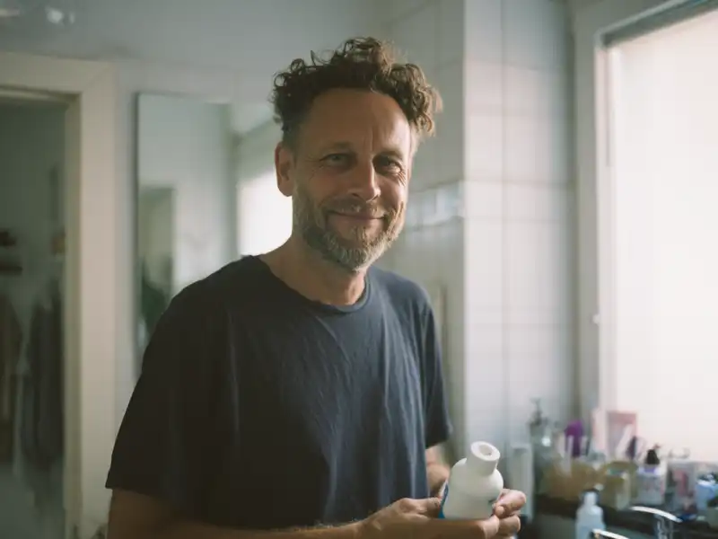 Das Bild zeigt einen Mann im Badezimmer, der seine Kontaltlinsen wechselt