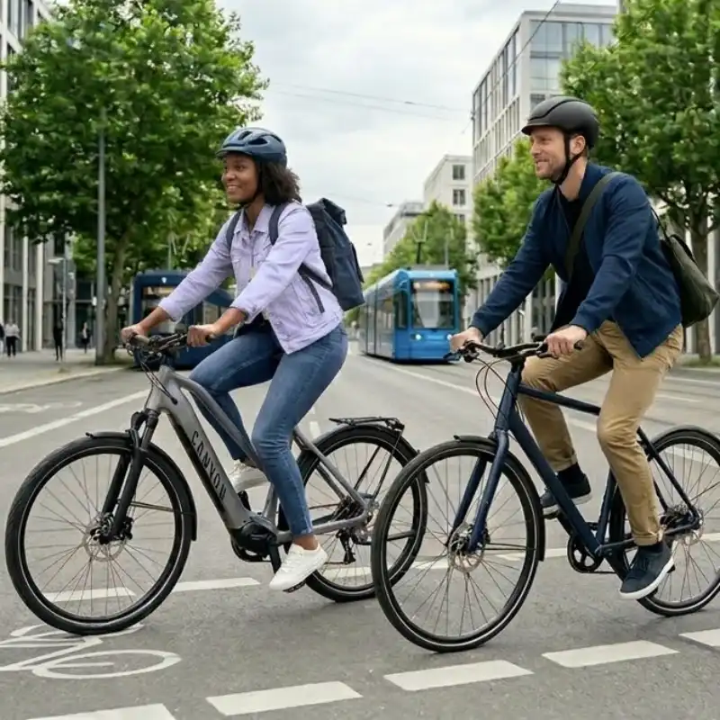 BarmeniaGothaer Fahrradversicherung: Eine Frau und ein Mann fahren mit dem Fahrrad durch die Stadt BarmeniaGothaer Fahrradversicherung: Eine Frau und ein Mann fahren mit dem Fahrrad durch die Stadt